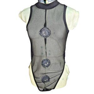 Woman's sheer mesh dark goth one piece zip up bodysuit base layer M-L